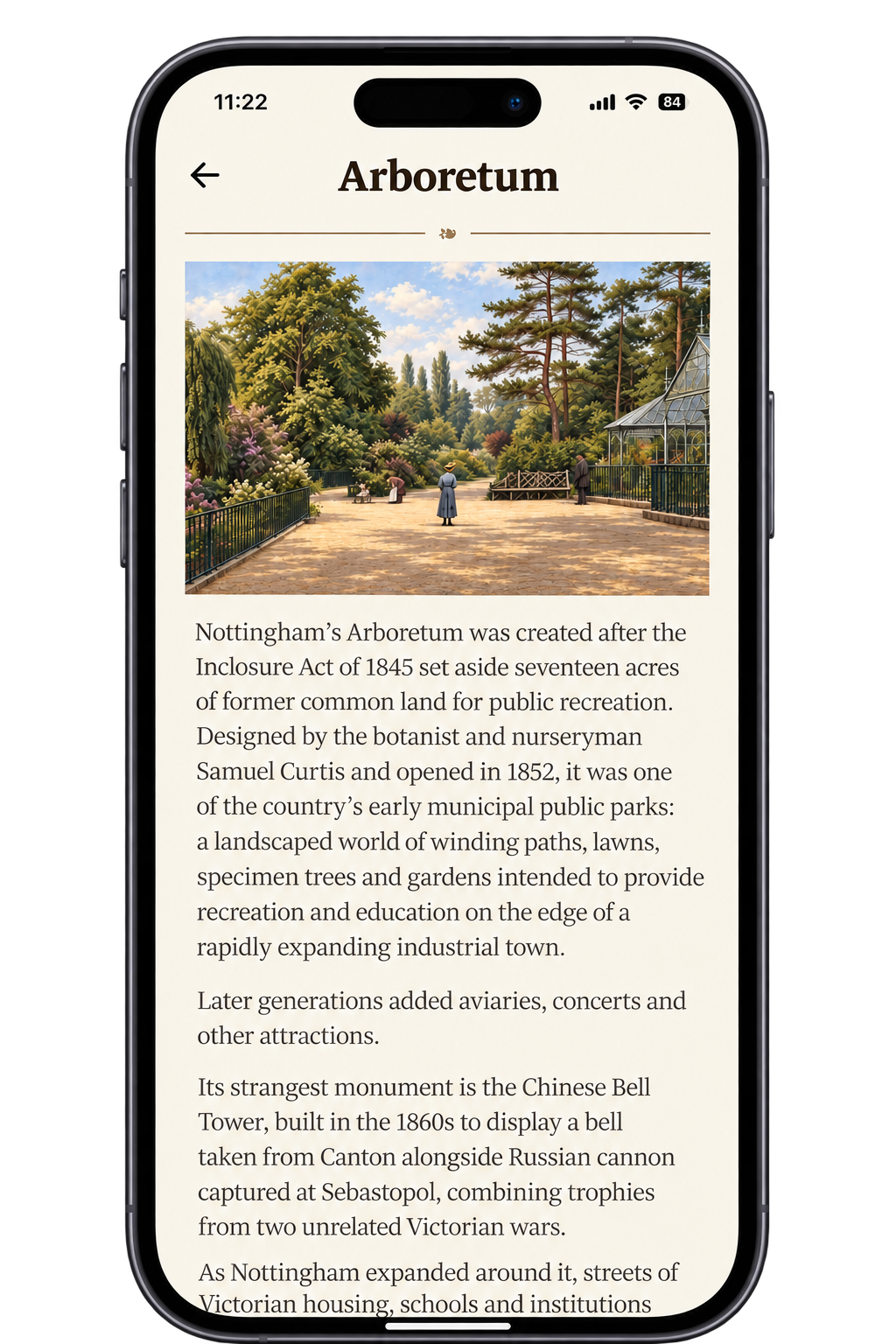 Illustrated history of Nottingham's Arboretum in the district guide