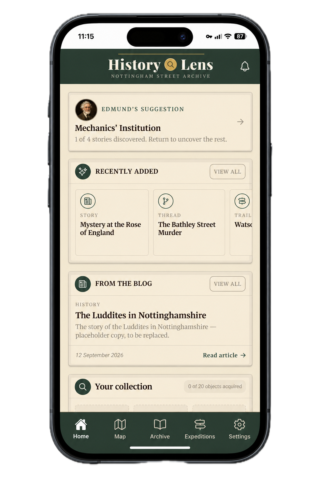 History Lens home screen with the archivist's suggestion and recently added stories