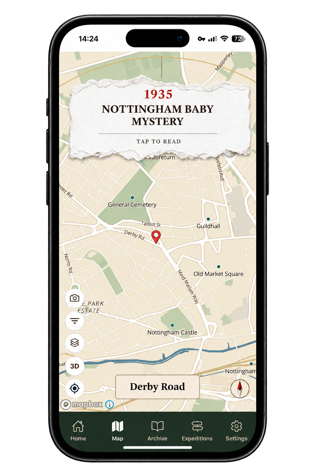 History Lens map of Nottingham with the story Stealing a Pair of Trousers pinned to its location