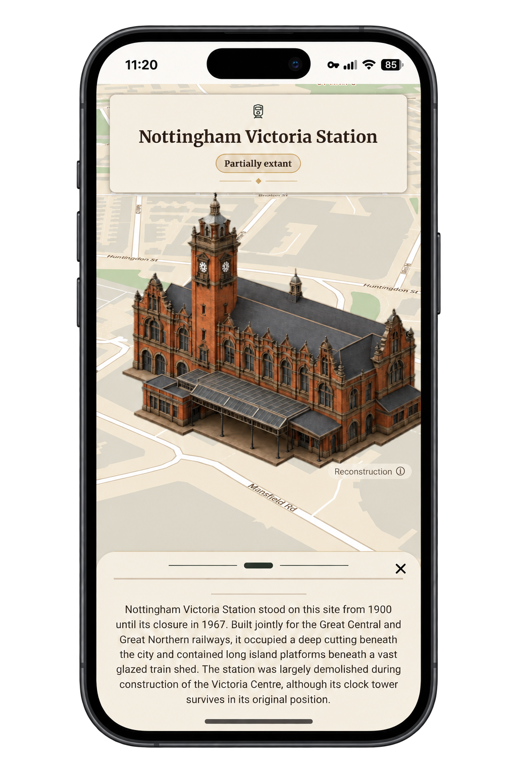 Reconstruction of Nottingham Victoria Station with its history on the map