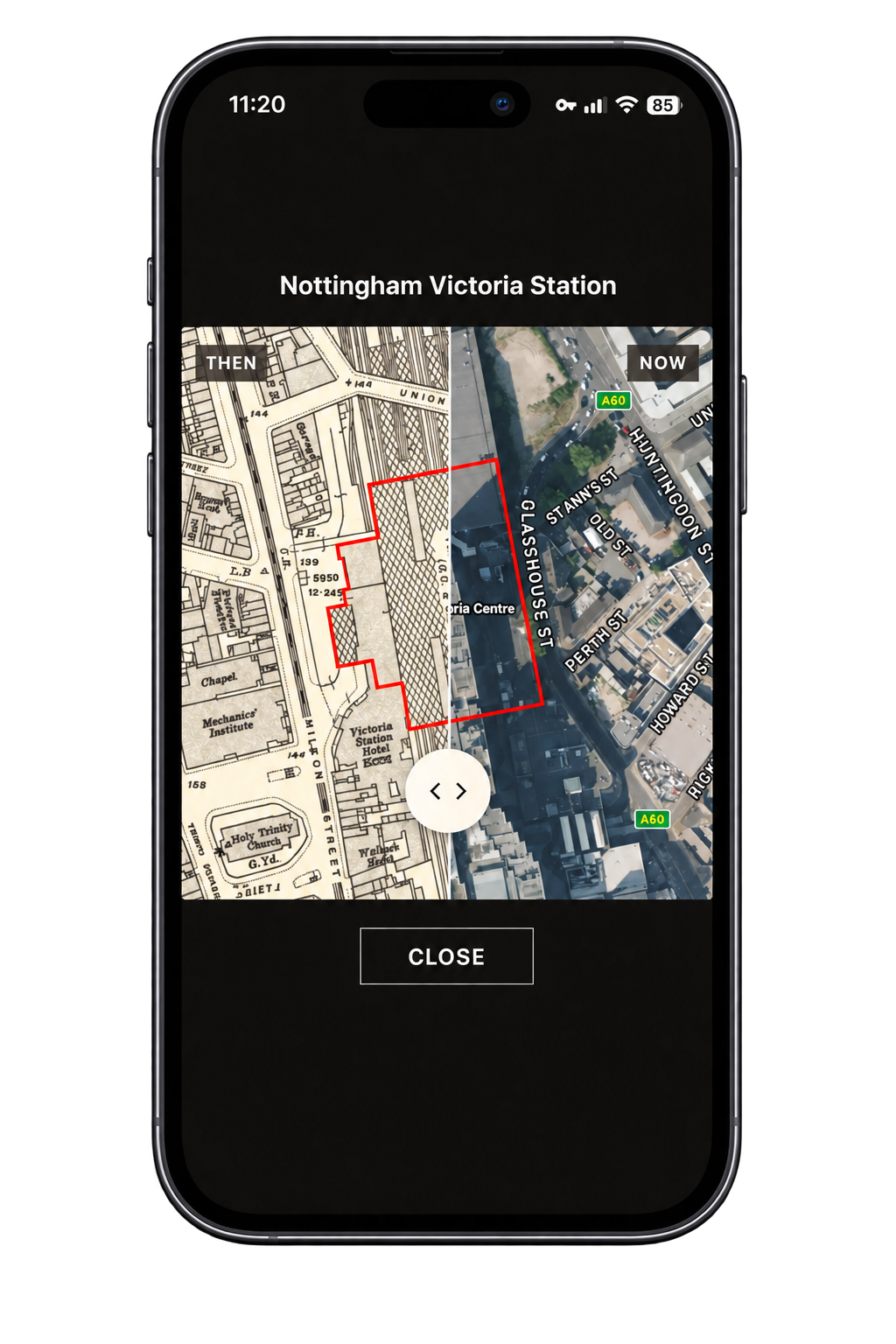 Then and now comparison of Nottingham Victoria Station, with a historical map beside modern aerial imagery